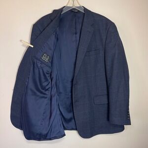 Jos A Bank Traveler Collection Navy Blue Plaid Wool Blazer Jacket Mens 46R
